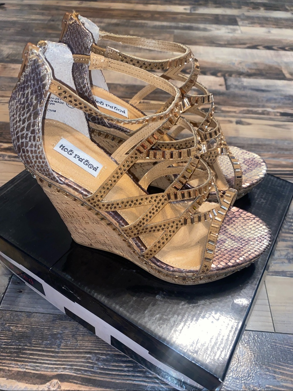 Not Rated Gold Snake-Print Strappy Wedge Sandals
